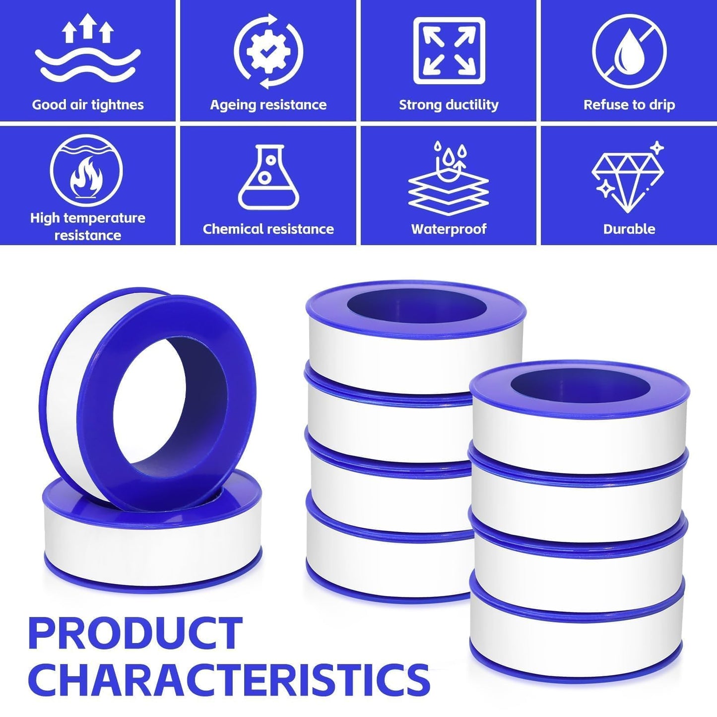 KUQQI 12 Rolls Teflon Tape for Plumbers, 1/2 x 520 Inches PTFE Thread Seal Tape, White Pipe Sealant for Shower Head, Water Pipe Sealing and Leak Prevention, Sealing Tape for Threaded Connections