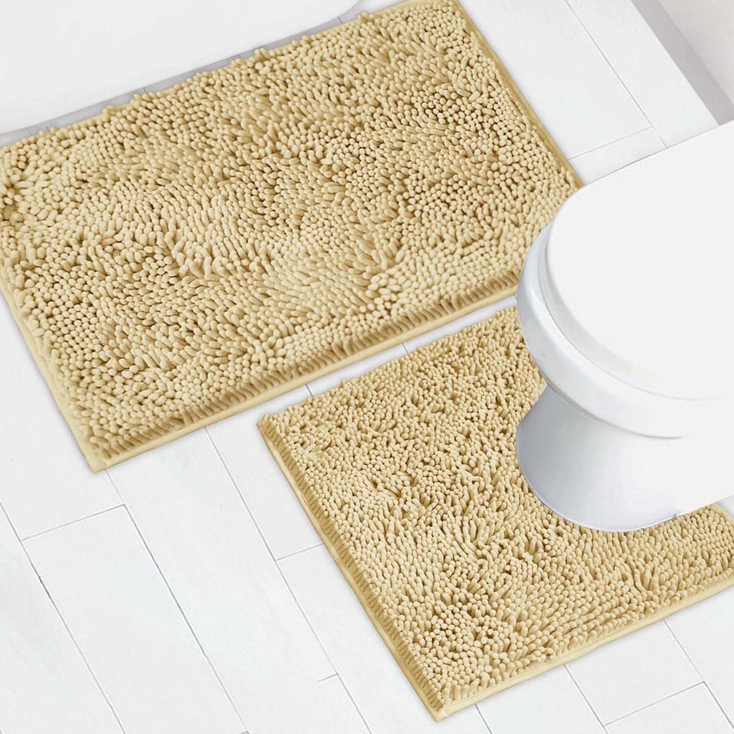 AINAHYVA Bathroom Rugs Chenille Bath mat 2 Piece Set, Super Absorbent, Strong PVC Non Slip Backing, Bath mats for Bathroom, Plush Shaggy, Thick, Machine Washable, Bathtub, Shower, Toilet.(Beige)