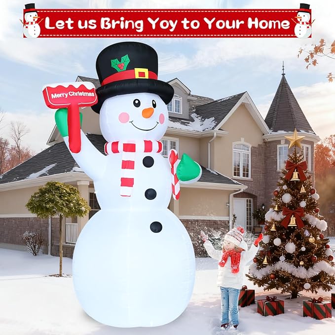 GOOSH 10.3 FT Christmas Inflatables Snowman Outdoor Decoration Blow Up Holds a Red Sign with Built-in LEDs for Garden Lawn Indoor Party Decor