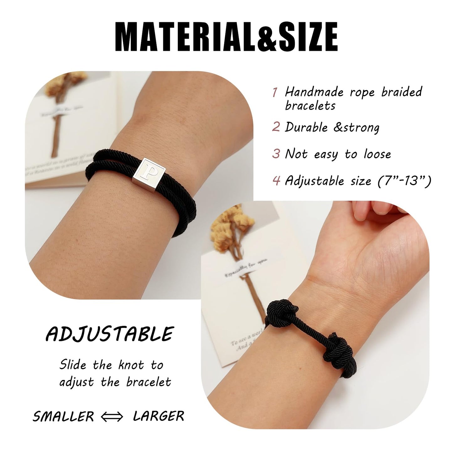 BHDJSHX Personalized Initial Rope Bracelet for Men, Stainless Steel A-Z Letter Charm Bracelet,Adjustable Handmade Braided Black Cord,7-13 Inches,Gifts For Men,Brothers,Son,Boyfriend(C)