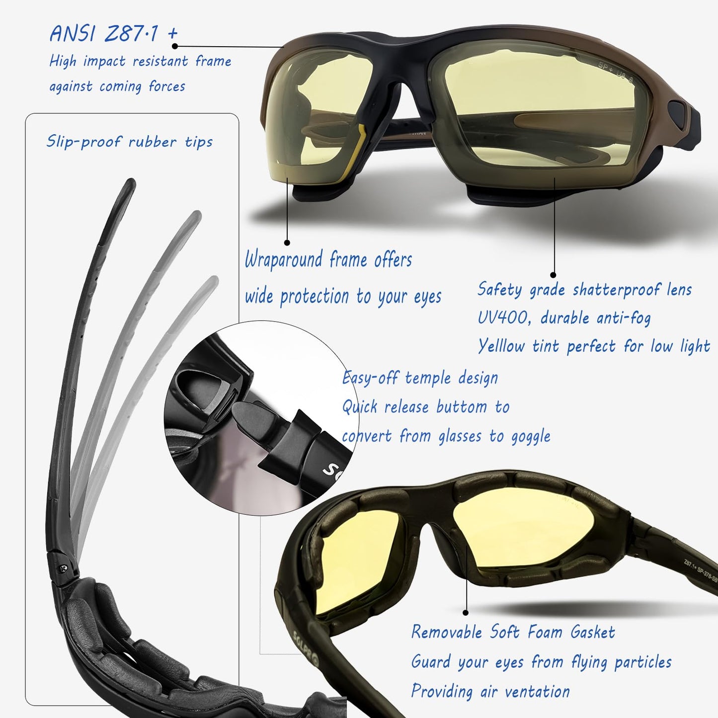 SOL PRO Powersports Safety Goggles, ANSI, Zero‑Pressure, Durable Anti‑Fog, Riding, Hunting Shooting, Fit Men and Women