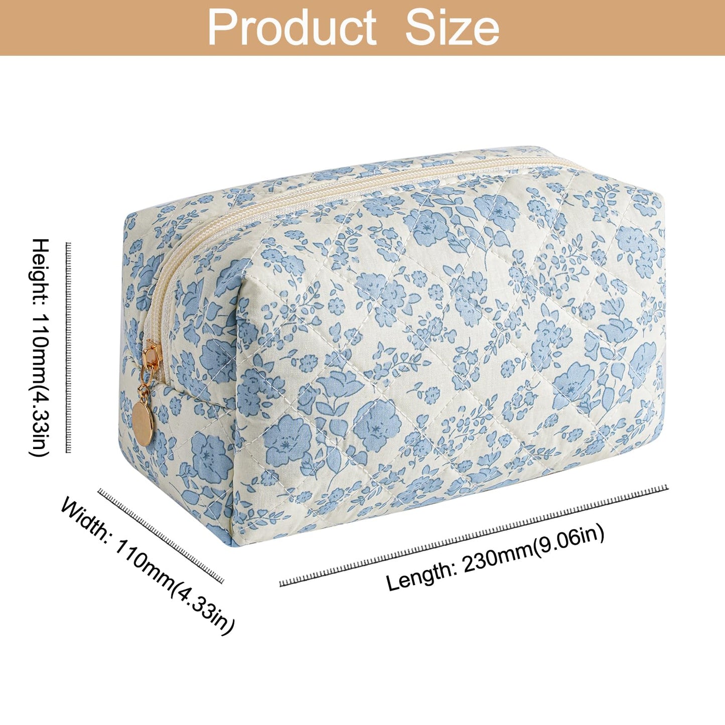 HHQQWZ Makeup Travel Cosmetic Bag, Two Pack: Pink+Blue Floral, Zipper Closure, Durable Polyester, Perfect for Toiletry, Makeup, Travel