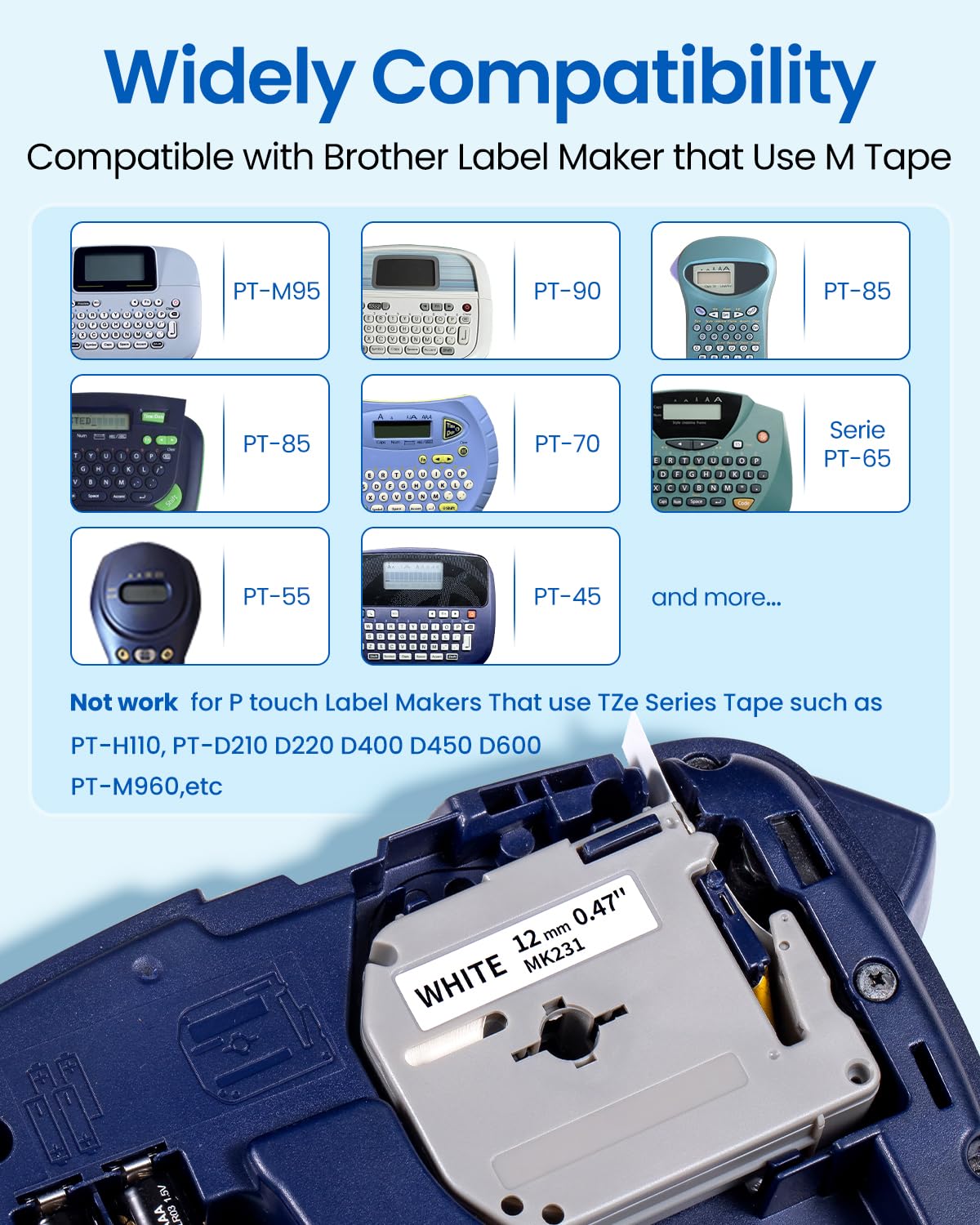 Colorty M-K231 12mm Label Tape Replace for Brother P Touch M Tape, MK231 M-K231S M231 1/2" 0.47" Black on White, for Brother PTouch Label Maker PT-M95 PT-90 PT-80 PT-70 PT-65 PT-45, 6 Pack