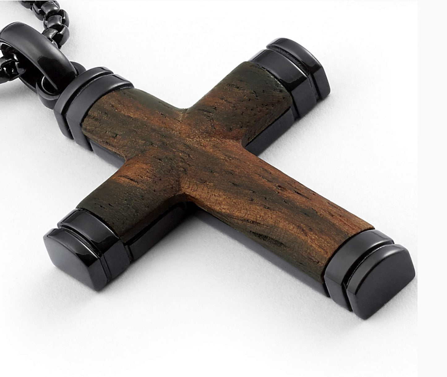 Metal Masters Co. Wood Cross Pendant Necklace Black Stainless Steel 24" Round Box Chain