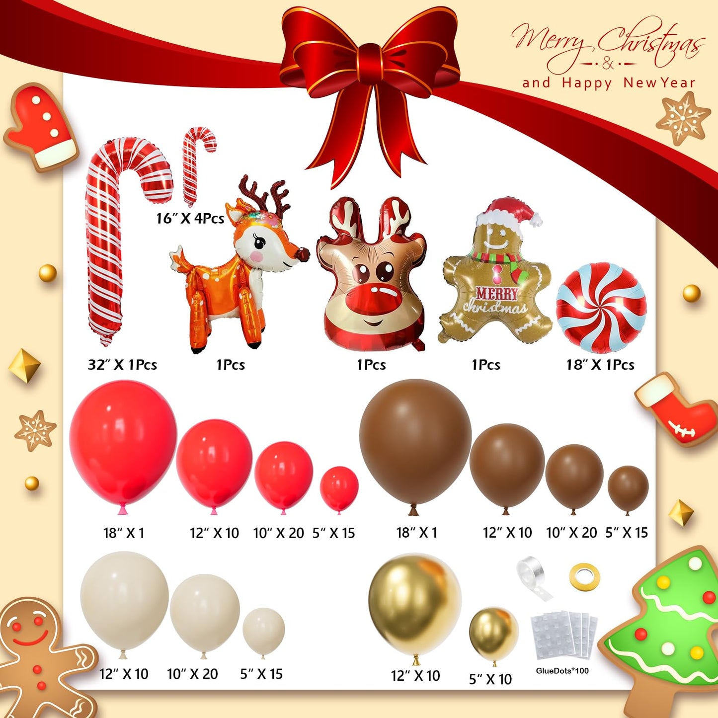 Bonropin 173pcs Christmas Balloon Garland Arch Kit Red Brown Sand White Gold Balloons with Gingerbread Moose Elk Deer Candy Cane Foil Balloon for Christmas Woodland Party Xmas Winter Party Decorations