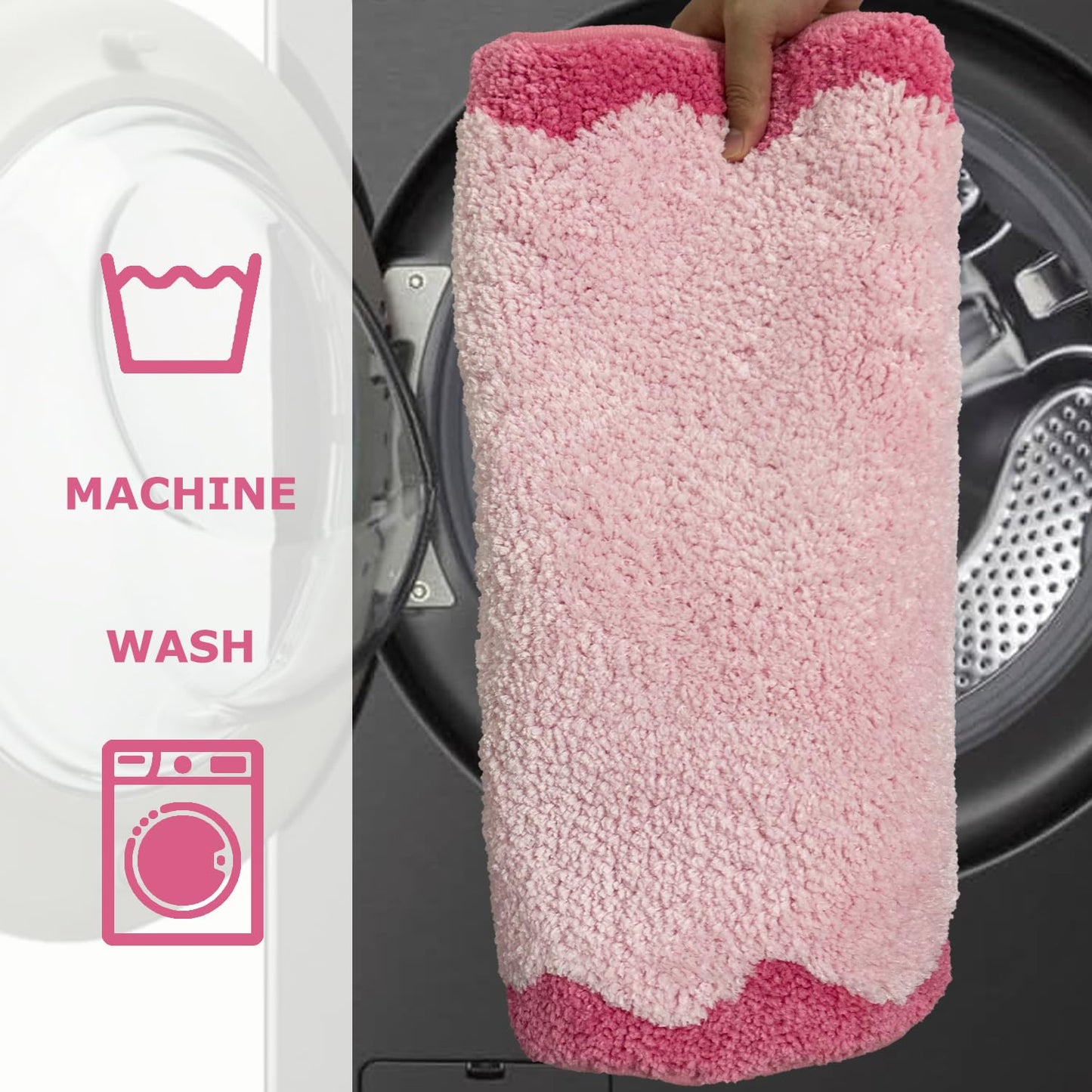 Cute Magenta‌ Pink Scalloped Bathroom Runner Rug, Fun Plush Luxury Microfiber Bath Rug Aesthetic Washable Bath Mat Non-Slip for Bathroom, Tub, Floor Carpet, Sink, Shower, Extra Soft, Absorbent, 47x18