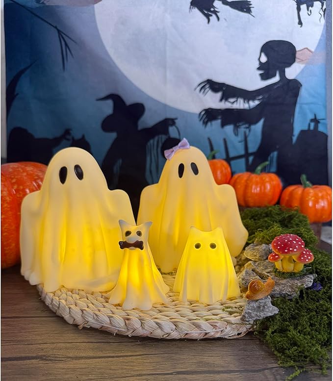 Halloween Decorations Indoor,Ghost Decor, Light Up Ghosts Kit Set of 4,Friendly Pets,Gothic Home Decor (2ghost 2cat)