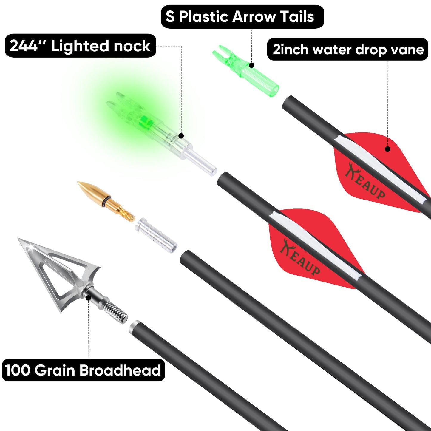 KEAUP 31 inch 100% Carbon Arrows and Broadheads .244/6.2mm Lighted Nocks Set, 6 Pack Hunting Compound Bow and Recurve Bow Shaft Spine 300/350/400/500 (Spine 400, Red)