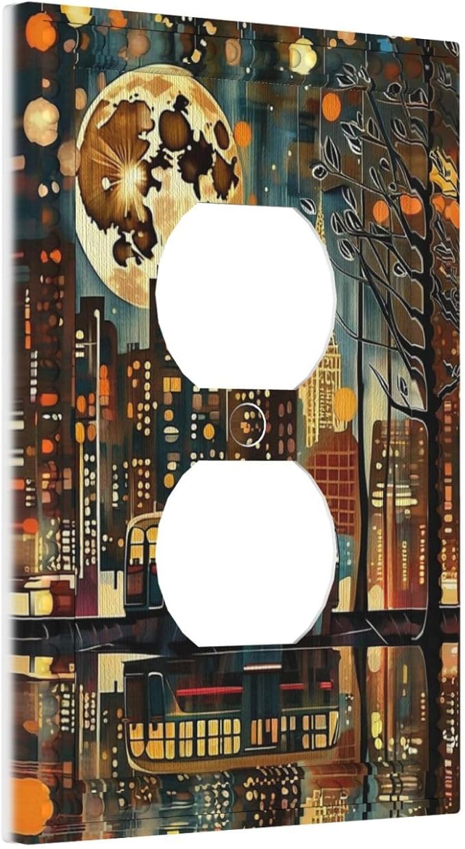 City Light Moon Bus Abstract Art Light Switch Cover 1 Gang Outlet Plate Single Duplex Wall Plate Covers Decorative Switchplate Covers Electrical Faceplate for Home Decor