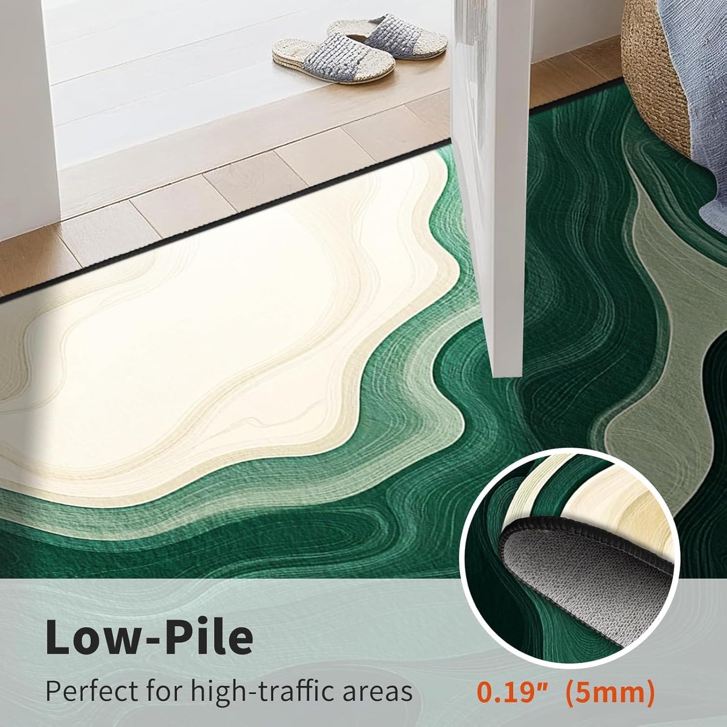 AQQA Sage Green Runner Rug 2x6,Abstract Wavy Hallway Runner, Washable Non-Slip Long Rug for Kitchen,Modern Art Deco Entryway Rug,Low-Pile Indoor Floor Carpet for Laundry Room,Bedside,Office (Emerald)