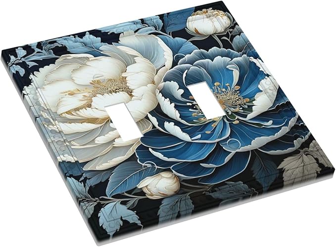 White Blue Flower Peonies Light Switch Covers Double Toggle 2 Gang Wall Plate Dual Decorative Switchplate Electrical Faceplate for Farmhouse Living Room Decor