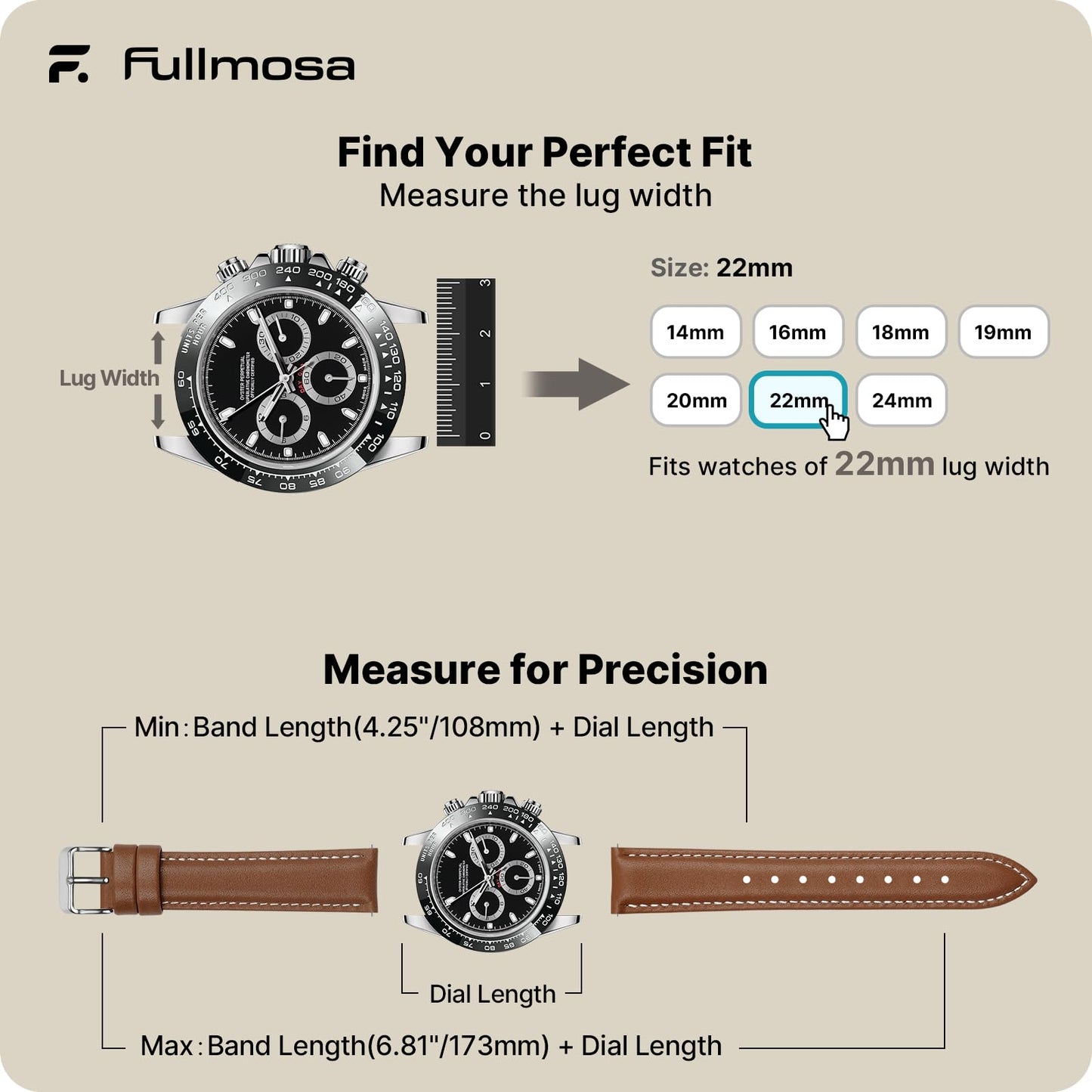 12 Colors for Quick Release Leather Watch Band, Fullmosa Axus Genuine Leather Watch Strap,Brown,22mm
