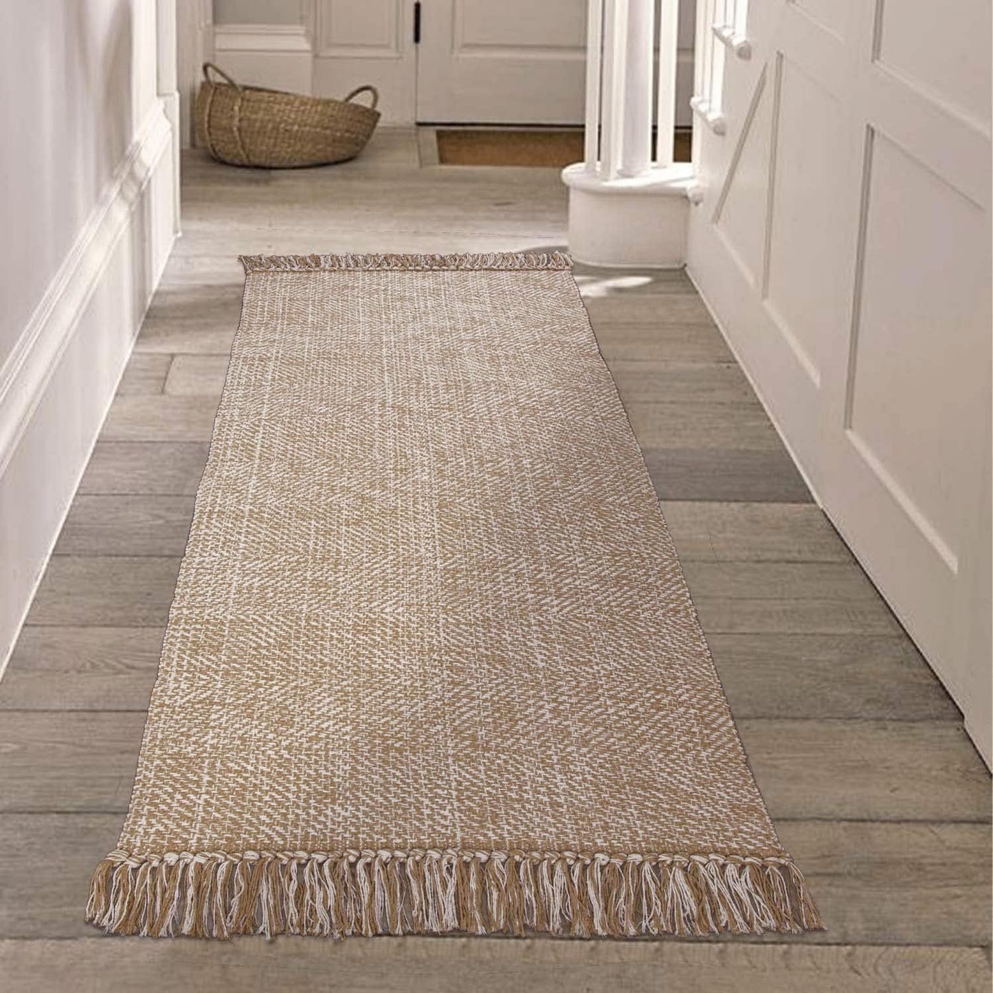Collive Hallway Runner Rug, 2' x 5' Soft Washable Tan Contemporary Modern Laundry Room Indoor Hand-Woven Cotton Carpet for Bedroom Entryway Front Door Farmhouse Kitchen