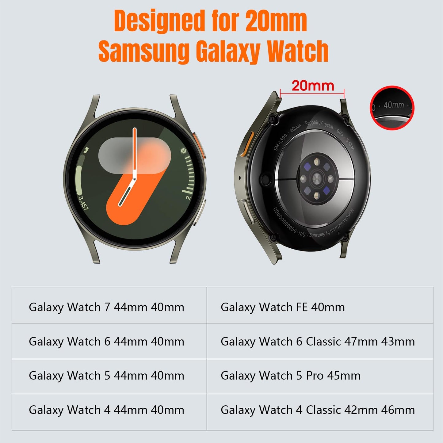 Bandletic 20mm No Gap Magnetic Band for Men Compatible with Samsung Galaxy Watch 7 6 5 4 FE 40mm 44mm/for Galaxy Watch 6 4 Classic 43mm 47mm 42mm 46mm/Watch 5 Pro 45mm,Spacegray-Orange