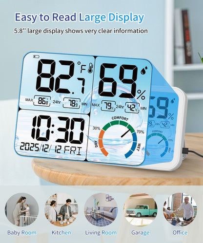 VOCOO Digital Indoor Room Thermometer - 5.8'' Extra Large Display Temperature Humidity Sensor with Accurate Temp Humidity Gauge Monitor, Calibration, Max & Min Records, Comfort, Backlit, Date & Clock