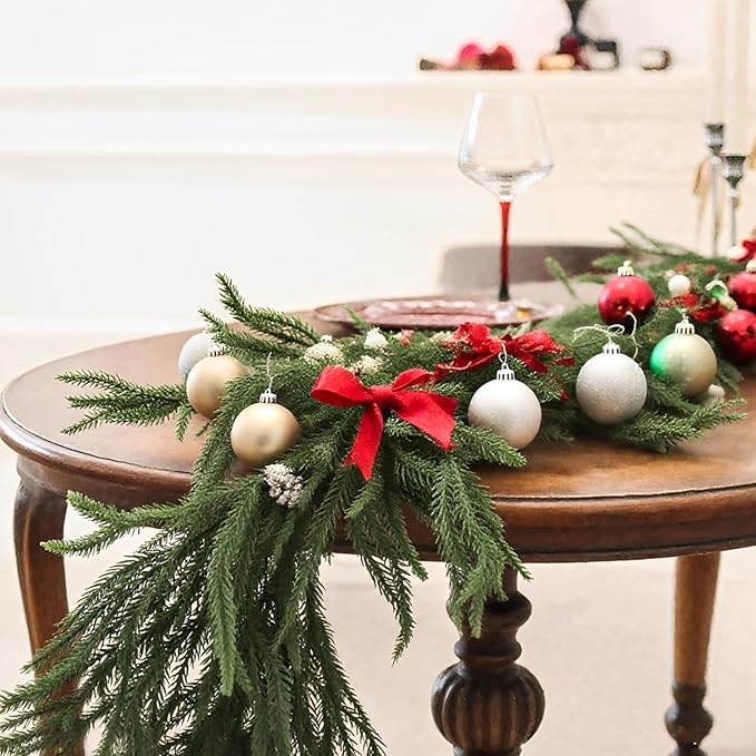 9FT Artificial Norfolk Pine Garlands for Christmas Decorations,Real Touch Winter Faux Greenery Garlands for Mantel Table Stair Fireplace Wall Holiday Indoor Outdoor Decor(2 Pack)