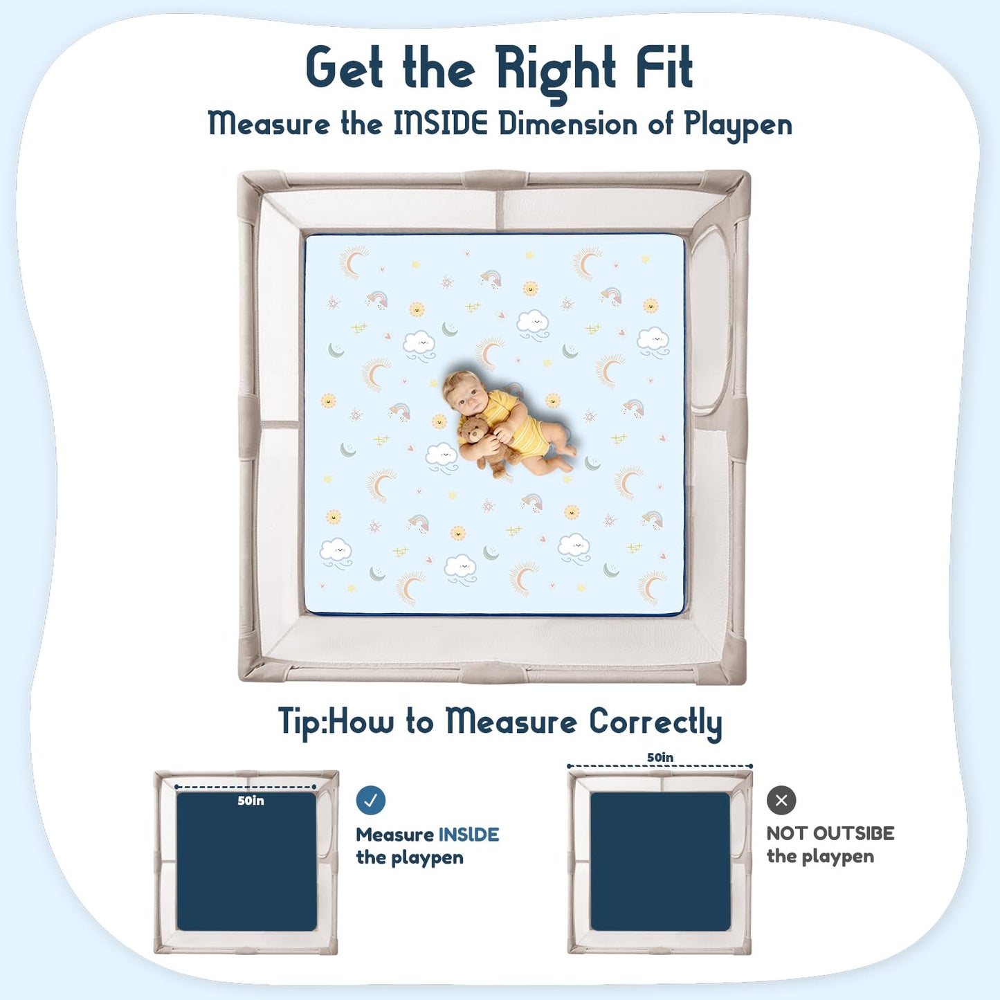 TreeBud Baby Play Mat for Floor, 1.3-Inch Thickened Foam Soft Padded Playmat for Tummy Time, 50x50 Water-Repellent Coral Velvet Playpen Mat for Toddlers Infant Kids, Sky Theme