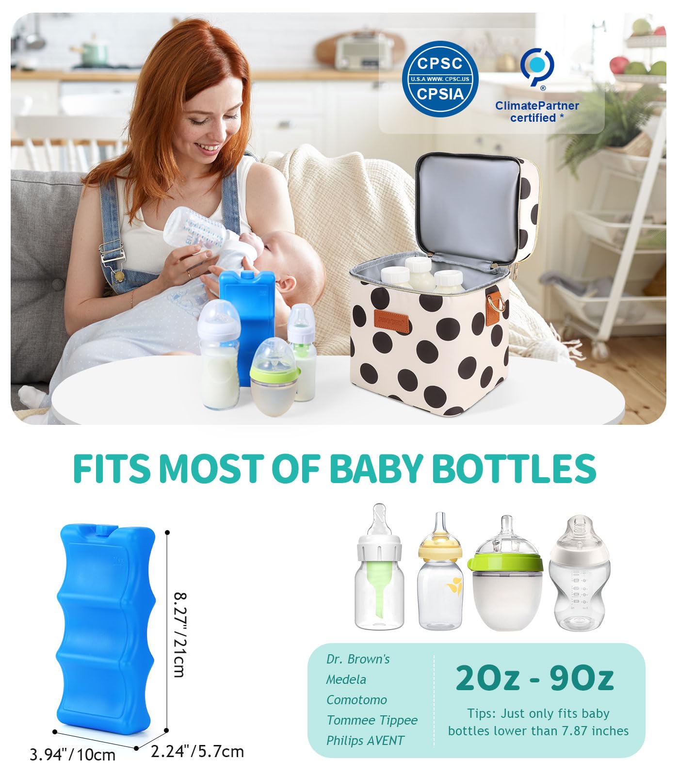 PIIOSER Breastmilk Cooler Bag with Ice Pack, Fits 6 Baby Bottles Up to 9 Oz, Stylish Baby Cooler Travel Bags with Shoulder Strap, Double Layer & Leakproof for Nursing & Working Moms, Black Polka Dots