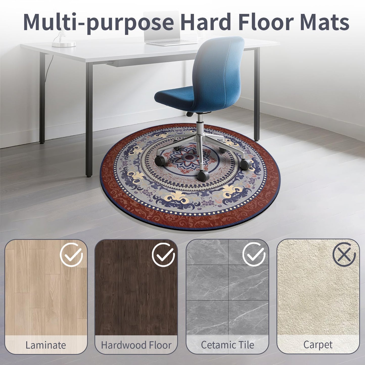 Washable Round Area Rug, 3ft Ultra-Thin Non-Slip Floor Mat, Vintage Boho Carpet for Living Room Bedroom Dining Room Office Hallway Entryway