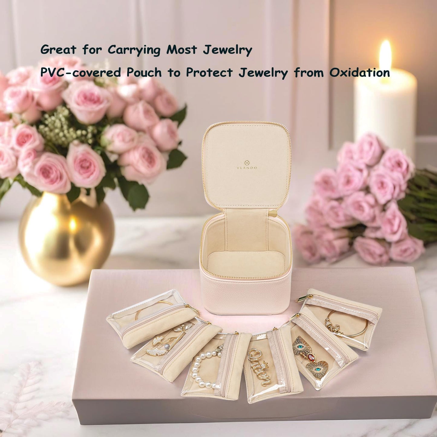 VLANDO Travel Jewelry Box Organizer – Portable PU Leather Jewelry Case with 6/8/12 Zippered Pouches, Compact Storage for Earrings Rings Necklaces Bracelets, Rosy Mauve