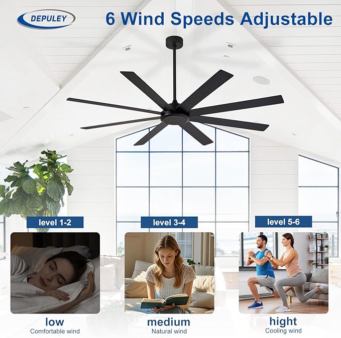 Depuley Black Ceiling Fan without Light: 66 Inch Indoor/Outdoor Fan Reversible DC Motor 6 Speed - Dual 8 Blades Large Ceiling Fans with No Light for Living Room Covered Patio