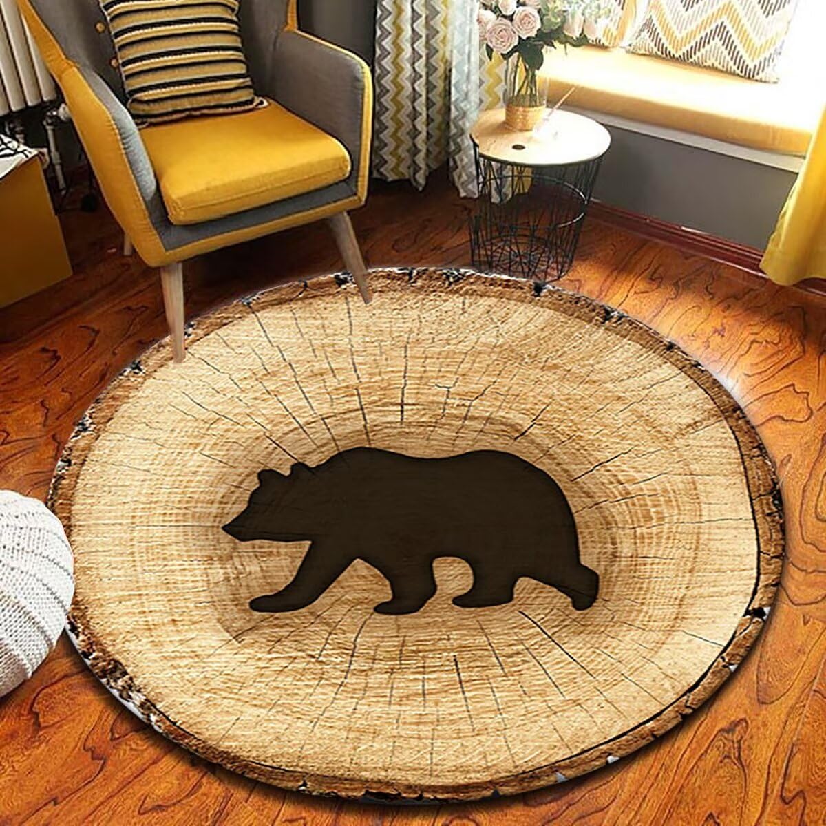 Qmkmyy Black Bear Round Area Rug Tree Ring Rugs Rustic Wood Texture Print Floor Mat Circle Annual Carpet for Home Office Decor,4Ft