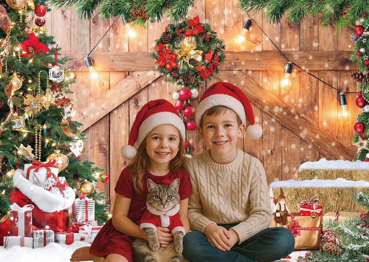 LTLYH 7x5ft Christmas Barn Door Backdrop Christmas Rustic Wooden Wall Background Xmas Tree Snow Holiday Party Banner Decoration Photo Booth