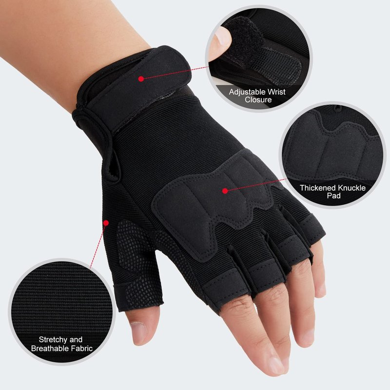 FIORETTO Fingerless Gloves for Men, Breathable Grip Palm Gloves for Motorcycle Riding, Driving, Cycling, Exercise, Workout, Climbing, Hiking and Outdoor Activities Black Medium