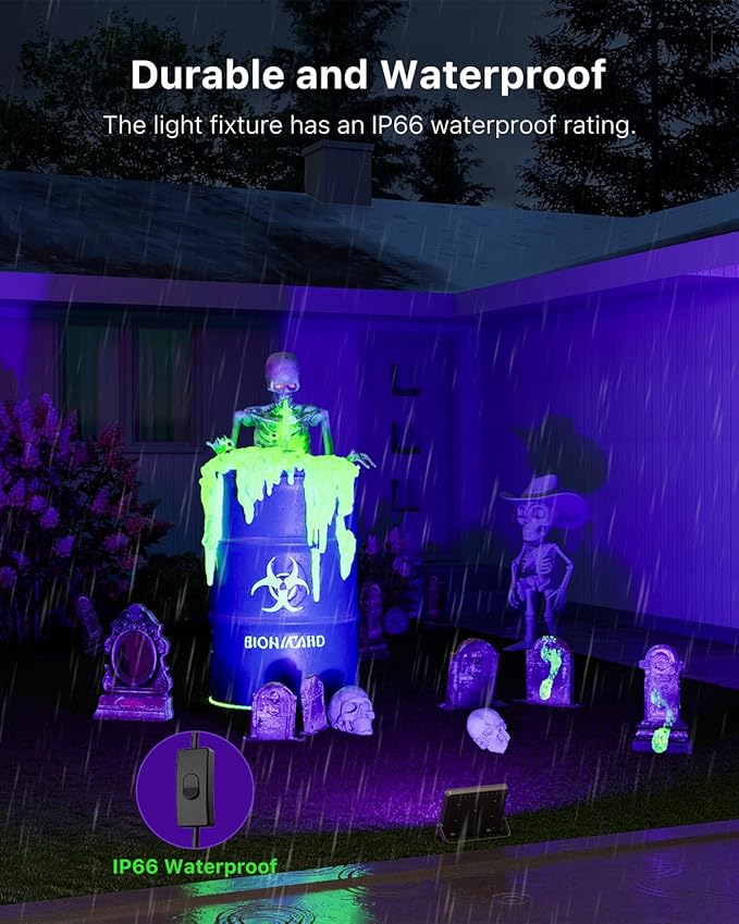 4 Pack 50W Halloween Blacklight Flood Lights Wired 120V IP66 Waterproof UV Led Black Lights for Holiday Decor, Skeleton, Bat, Witch, Body Paint, Glow Party, Purple Ambiance Lighting for Wall, Yard