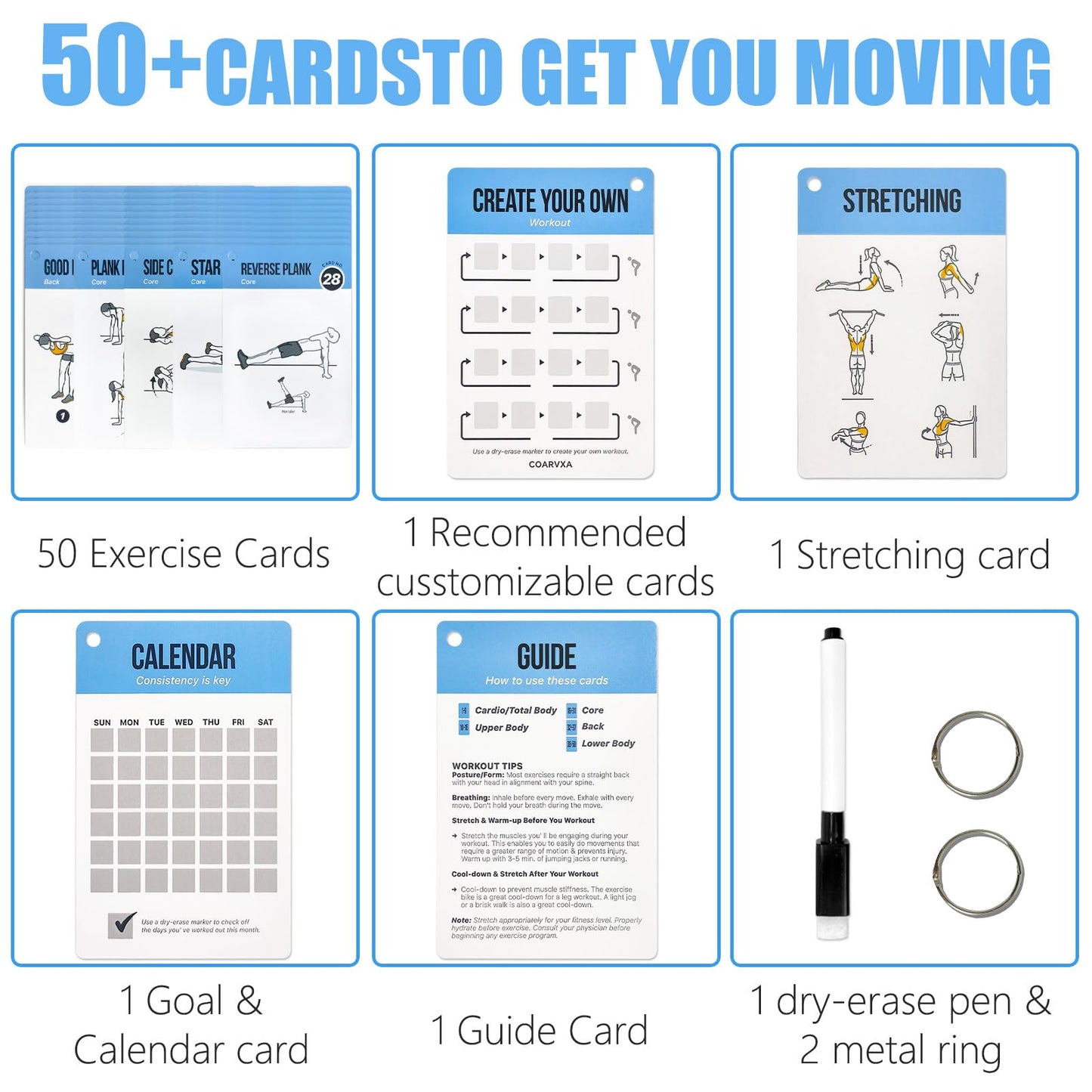 Bodyweight Workout Cards for Women & Men-50 Bodyweight Workout Cards，Includes 2 Rings& Dry-Erase for Easy Organization-Home, Gym or Studio (Bodyweight)