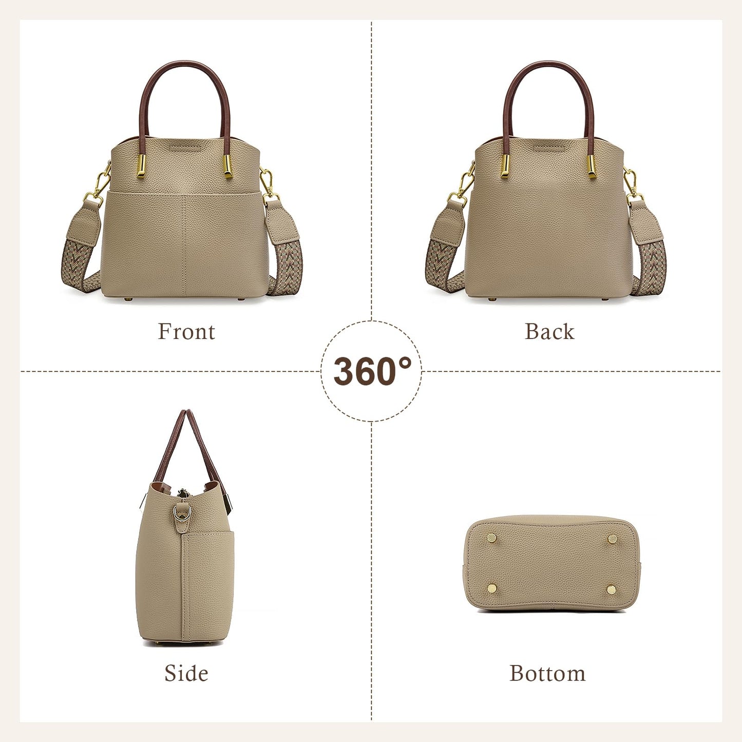 MFFOR Genuine Leather Crossbody Purses and Handbags for Women, Tote Shoulder Purse Bucket Handbag, Top Handle Satchel (Khaki