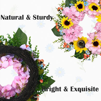 pring Wreath for Front Door, Bright Sunflowers & Mixed Flowers, Artificial Floral Wreath for Indoor & Outdoor Wall Decor, Lifelike Decoration for Home and Garden (18 inches)