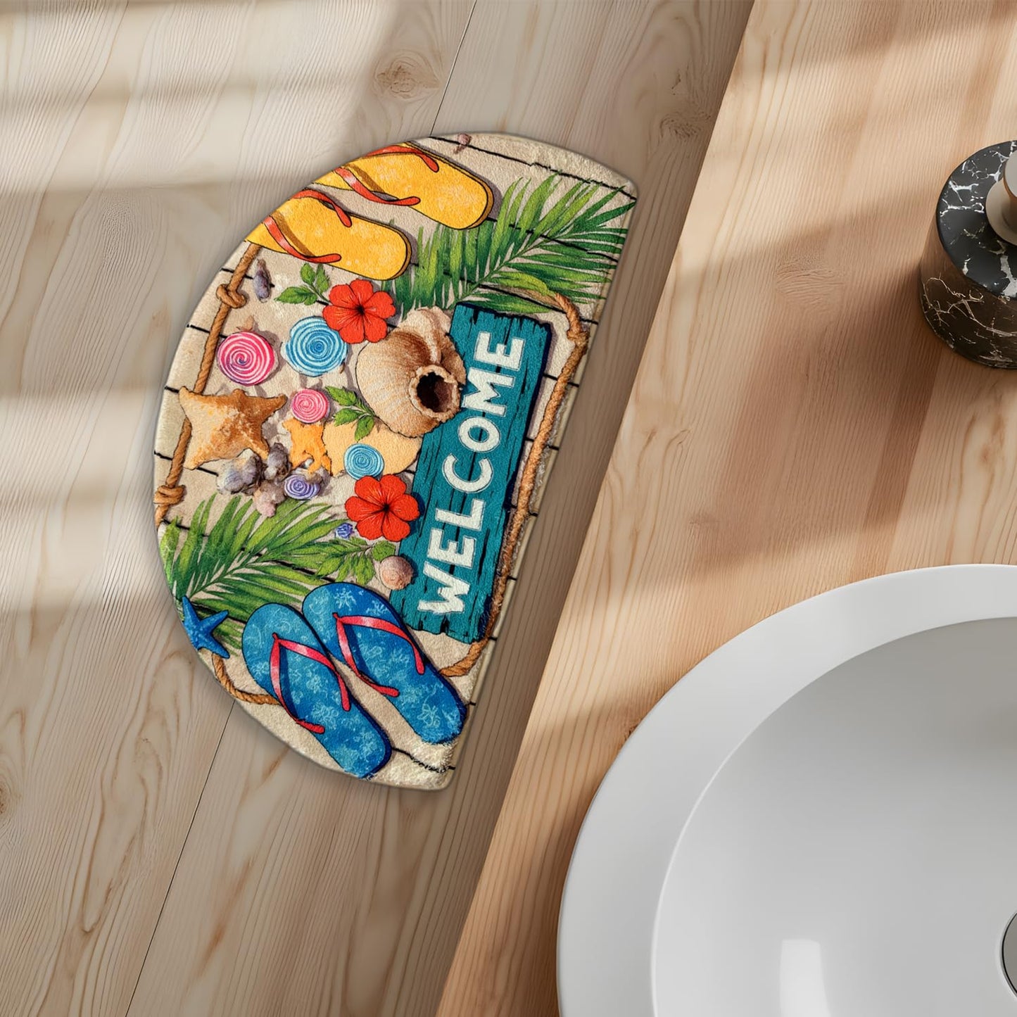 Soft Half Round Flip-Flops Bath Rug Doormat Outdoor Bathmat Non-Slip Bath Mats Funny Semi Circle Bathroom Door Mat Beach Welcome Rugs Decor Ocean Style Floor Mats (White)