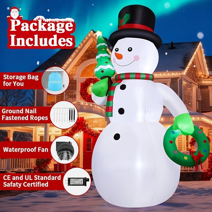 GOOSH 12 FT Christmas Inflatable Snowman Outdoor Decoration Blow Up Yard Giant Cute Snowman with Christmas Tree & Wreath Built-in LEDs for Indoor Party Xmas Garden Lawn Decor