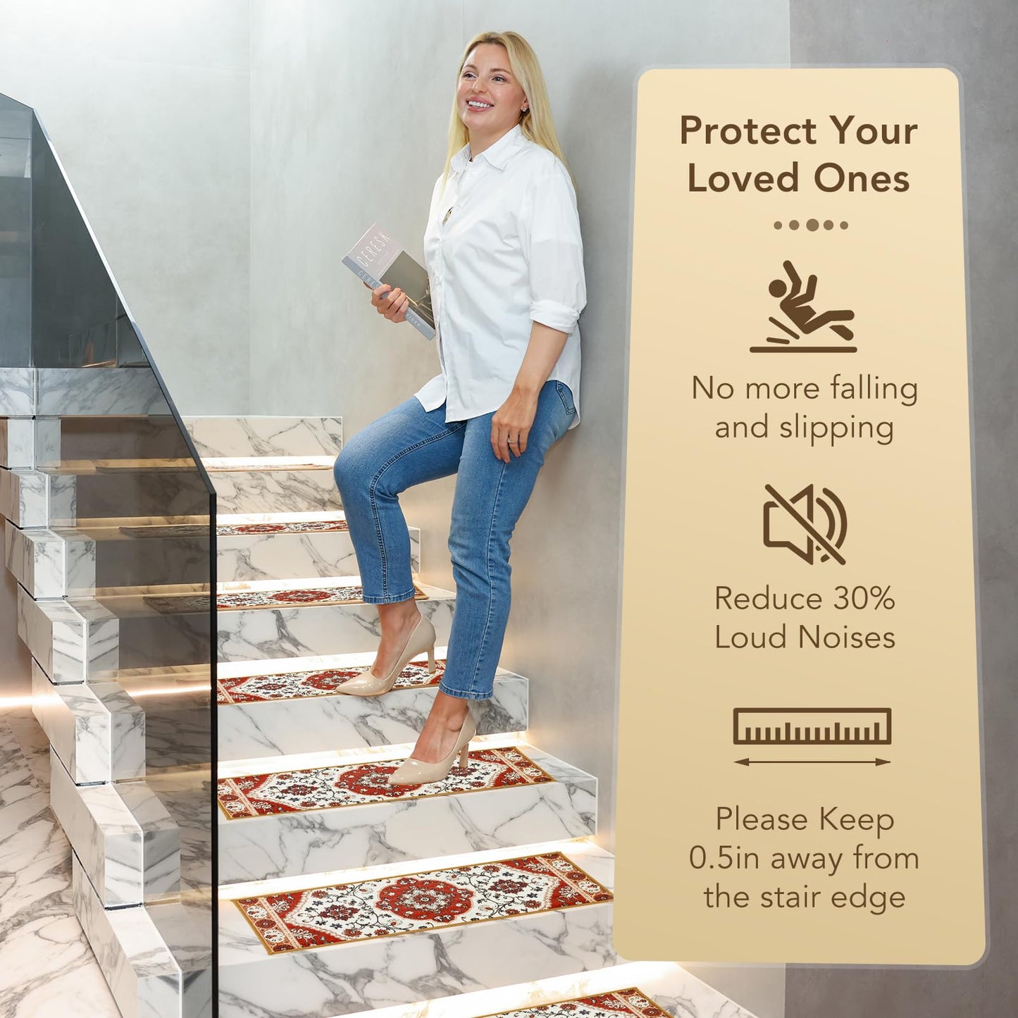 Carpet Stair Treads for Wooden Steps 15pcs, 9"X28"Carpet for Stairs Indoor with Soft Surface, Stairs Treads Non Slip,Peel and Stick Adhesive,Reusable,Kid,Senior,Pet-Friendly(Burgundy White)