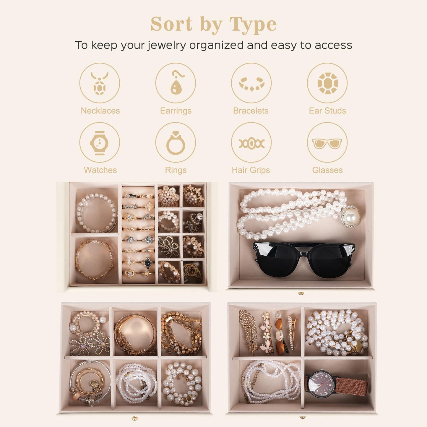 Dajasan Large Jewelry Box Organizer, Jewelry Storage Organizer with 3 Drawers, Huge Jewelry Box with Mirror for Women Girls, Double Door, Textured PU Leather, Gift Idea, Stylish (Beige + Gold)