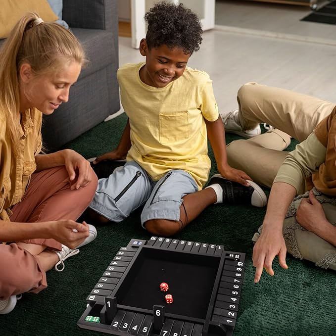 GSE Games &amp Sports Expert 1-4 Player Wooden Shut The Box Dice Board Game with 8 Dice. 4-Way 10 Numbered Shut The Box Set of Popular English Pub Board Game - Black