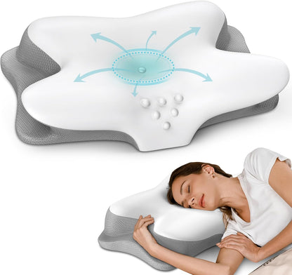 Cervical Neck Pillow for Pain Relief - Ergonomic Side Sleeper Pillow for Sleeping, Contour Orthopedic Pillow for Neck Support, Cooling Memory Foam Pillows for Back & Stomach Sleepers with Pillowcase