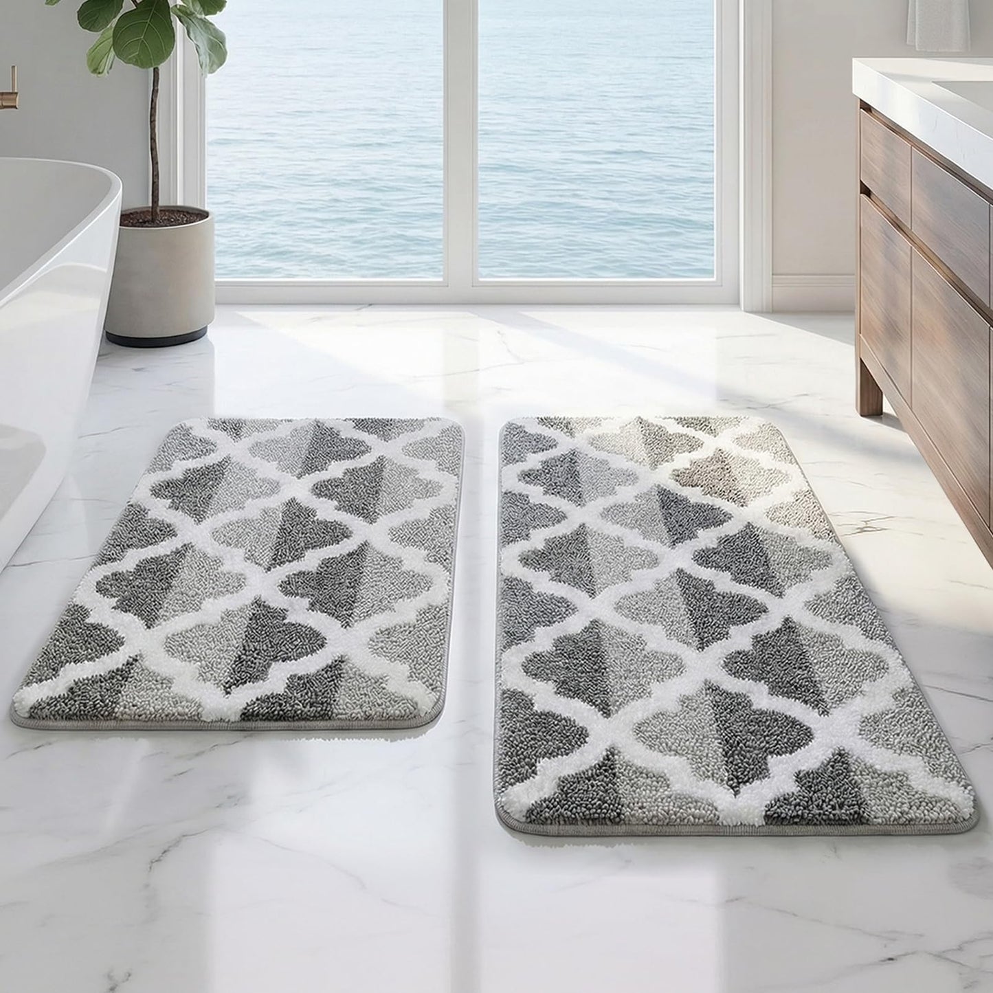Arttown Dark and Light Grey Trellis Bathroom Rug Set 2 Piece Fluffy Microfiber Non-Slip Water Absorbent Bath Mat Soft Washable for Tub Showers Laundry Room Decor (16"x24"+20"x32")