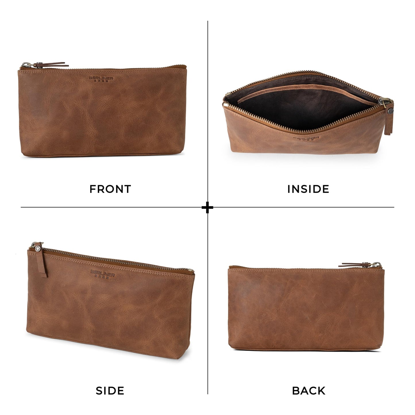 BERLINER BAGS Vintage Genuine Leather Makeup Bag Anna, Cosmetic Bag for Purse, Travel and Cosmetics Pouch with Zipper for Women- Brown