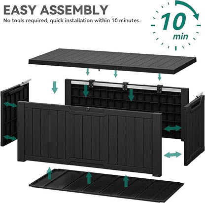 YITAHOME Outdoor Storage Box, 120 Gallon Waterproof Deck Box for Garden Tools, Patio Cushions, and Pool Accessories, Lockable, Easy Assembly, Versatile Bench or Table (Black)