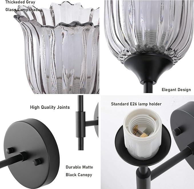 2-Lights Vintage Wall Sconce with Smoke Gray Glass Shades Mid Century Bathroom Vanity Wall Light Fixtures Industrial Matte Black Wall Lamp for Bedroom Mirror Living Room Restaurant