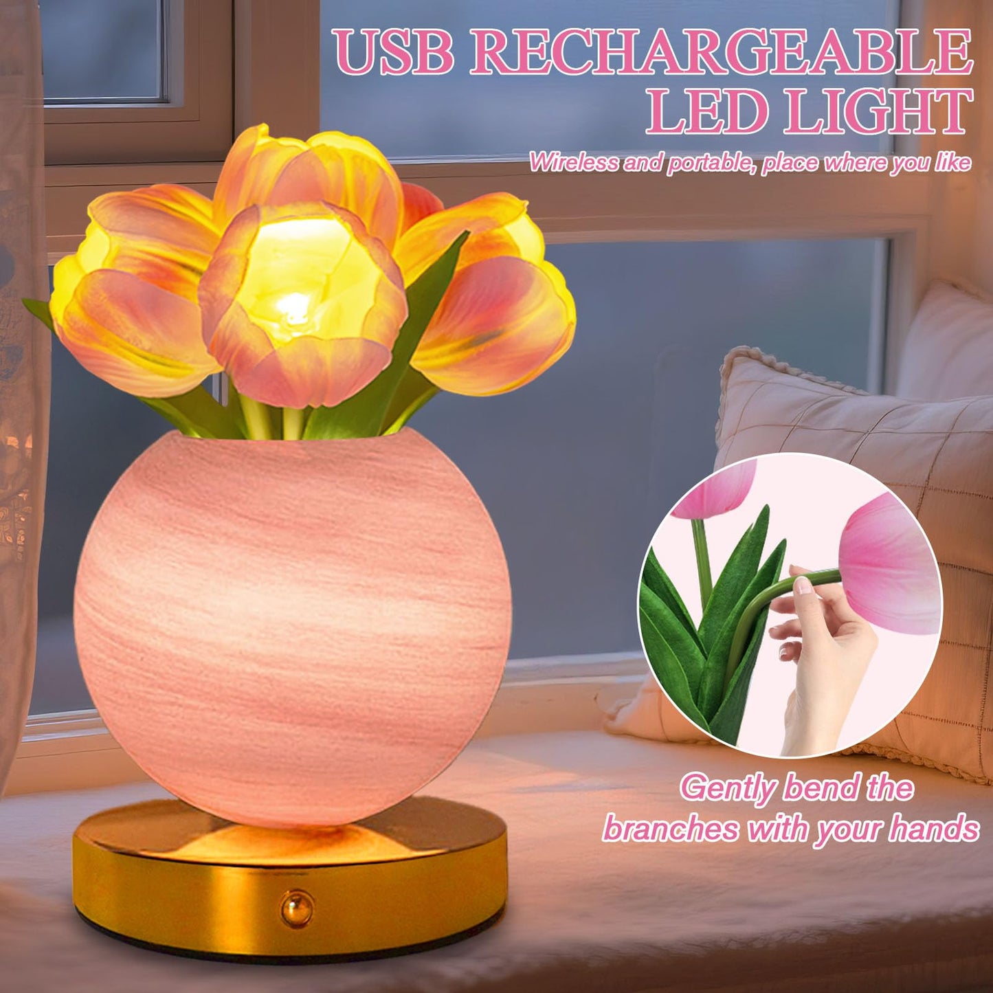Strackvial Tulip Table Lamp, Rechargeable Cordless Touch Dimming Artificial Tulip Flower Desk Lamp, LED Flower Bedside Night Light Romantic Gifts for Girl Women Mom (Pink Tulip)