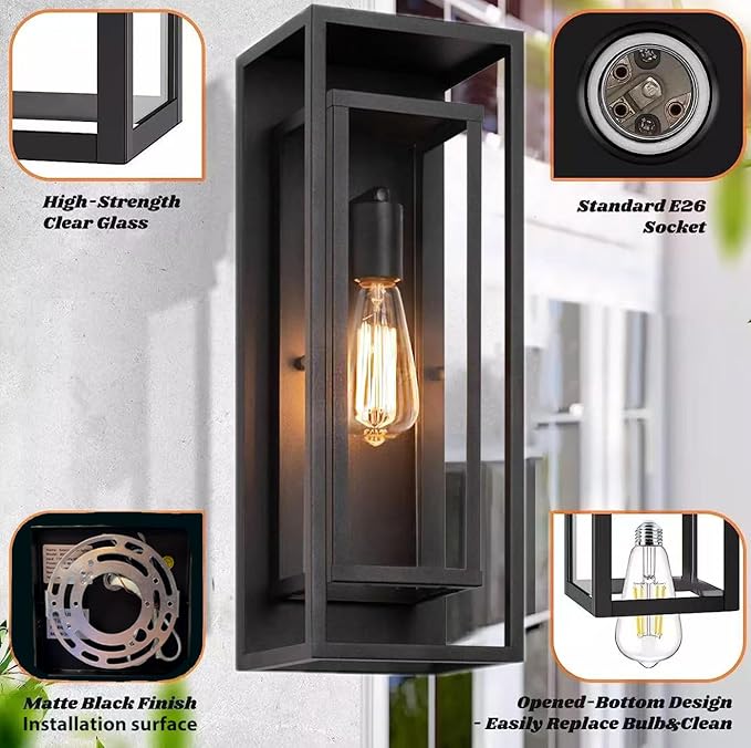 6 Pack 18 inches Outdoor Wall Lantern Light Fixture, Large Black Exterior Waterproof Wall Sconce, Anti-Rust Mount Porch Light with Clear Glass,E26 Socket
