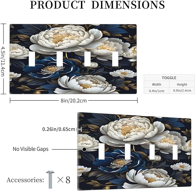 White Gold Blue Flower Light Switch Covers Quad Toggle 4 Gang Wall Plate Decorative Switchplate Electrical Faceplate for Farmhouse Bathroom Living Decor