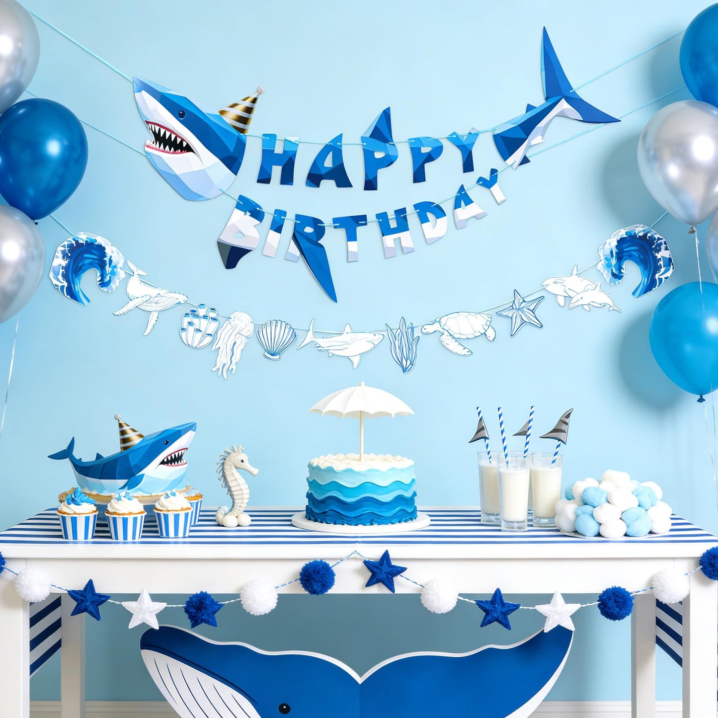 Paper Jazz Ocean Shark Decor Whale Shark Party Decoration for Wall,Under The Sea Birthday Banner Hanging Fish for Room Classroom Baby Shower Themed Party （Blue）