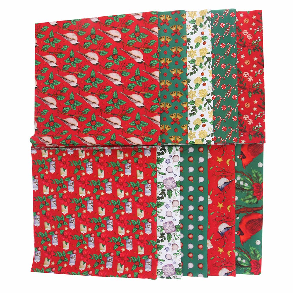 10PCS Christmas Cotton Fabric Bundles - 10" x 10" Printed Pre-Cut Squares for Patchwork Sewing, DIY Crafting & Quilting