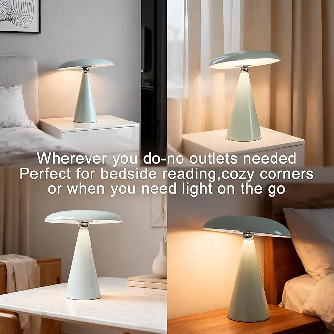 Mushroom Lamp Mid Century Modern Table Lamp, LED Cordless Rechargeable Bedside Light, Dimmable Touch 3-Color Temp, Retro Small Lamp for Bedroom, Living Room，Aesthetic Decor (Green)