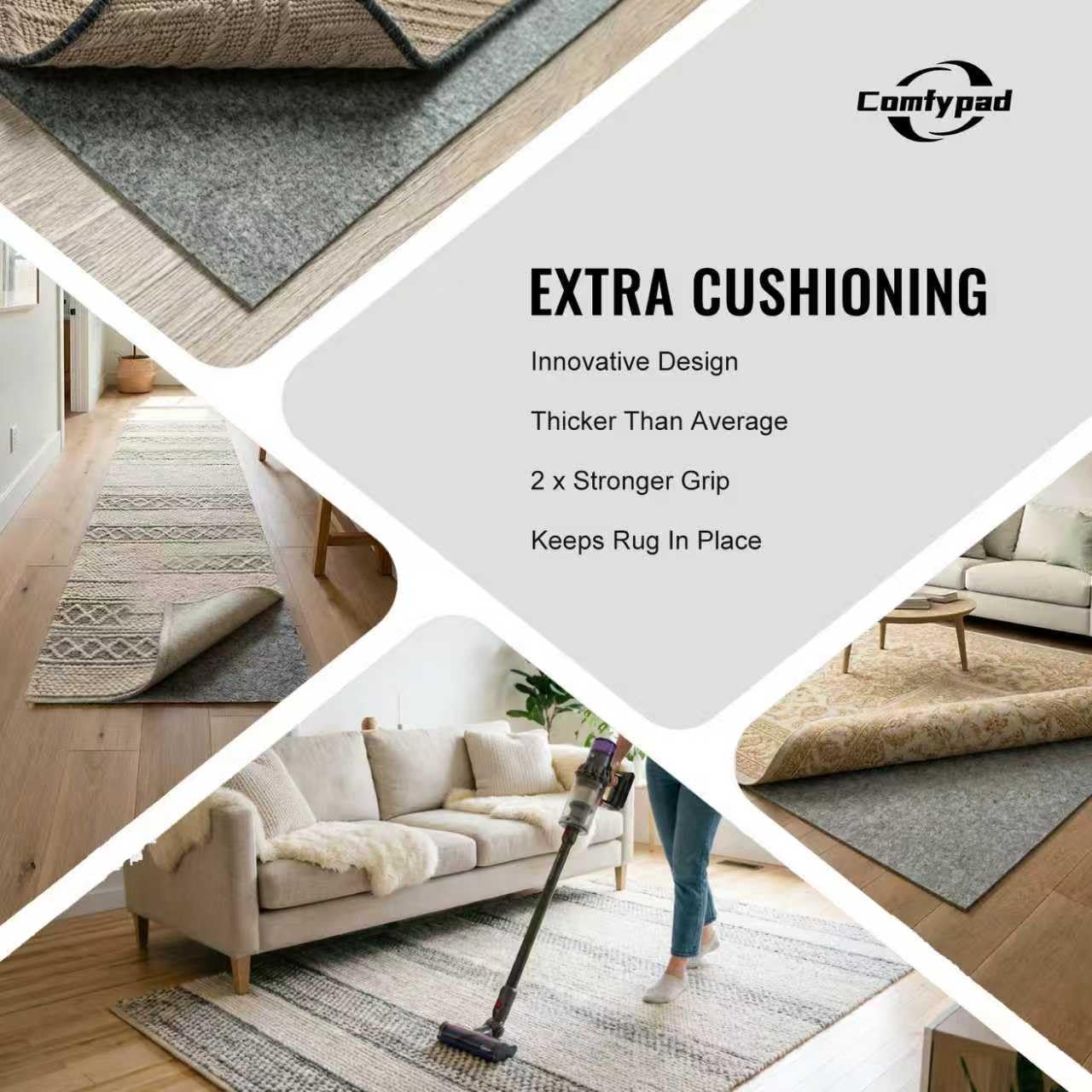 Comfypad - Felt Rug Pad, 2 x 6 Ft Rubber Non-Slip Rug Pad Gripper, Keep Rugs Secure and in Place, Extra Strong Under Carpet Mat Cushion - for All Floors