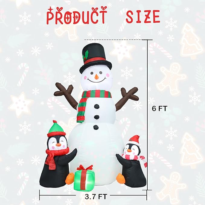 6 FT Christmas Inflatable Decorations, Infaltables Snowman with 2 Penguins Built-in Twinkle Colorful LED Lights Christmas Blow up Yard Decorations for Xmas Garden Patio Lawn Decor